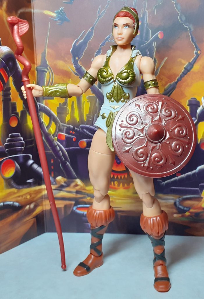 The Vintage Collection Teela figure standing holding the snake staff and shield.