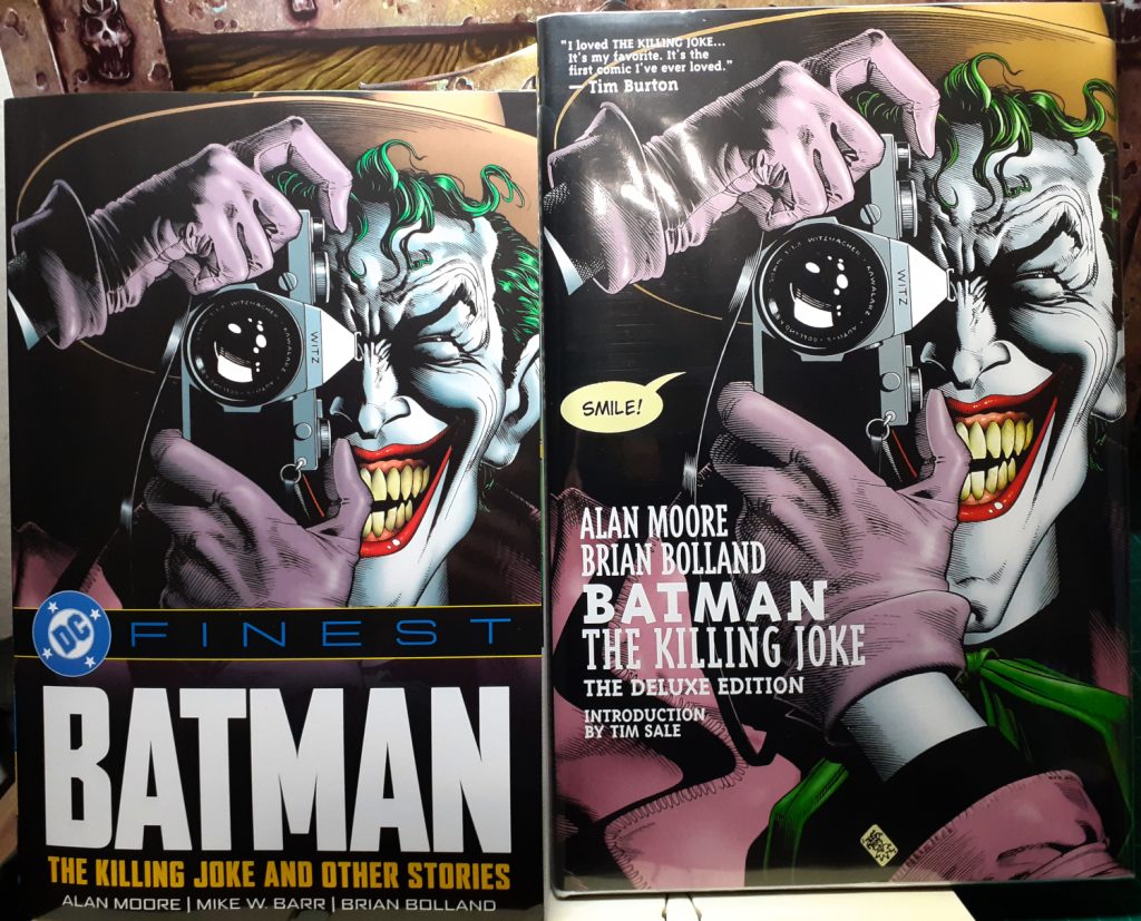 The two front covers for DC Finest Batman: The Killing Joke and on the right Batman: The Killing Joke Deluxe Edition. Both covers feature the Joker taking a picture with a camera while smiling maniacally.
